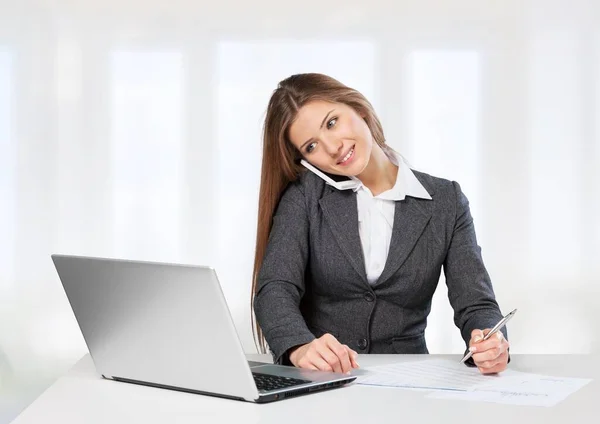 Business Woman Sitting White Table Hand Drawn Graph Charts — Stock Photo, Image