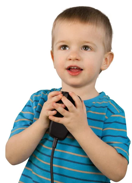 Pequeño Niño Sosteniendo Micrófono Aislado —  Fotos de Stock