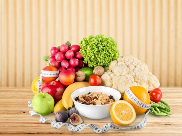 Dieta Pérdida Peso Concepto Desayuno Con Cinta Métrica Manzana Verde —  Fotos de Stock