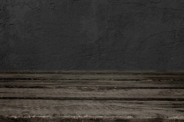 Donker Houten Tafel Donkere Achtergrond Van Muur — Stockfoto