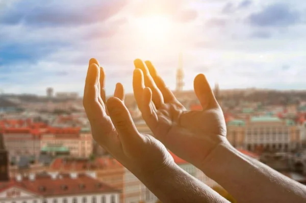 Mani Umane Palmo Aperto Fino Culto Concetto Preghiera — Foto Stock