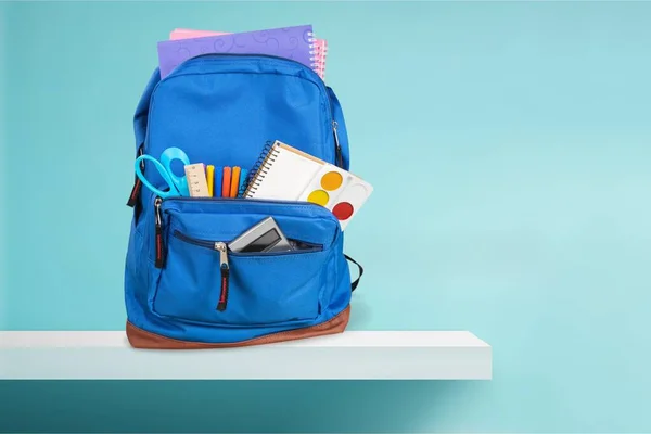 Colorful School Supplies Backpack Wooden — Stock Photo, Image