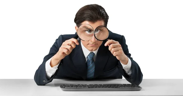 Businessman Looking Magnifying Glass Working Keyboard Stock Photo