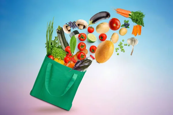Boodschappentas Met Groenten Fruit Vegetarisch Voedsel — Stockfoto