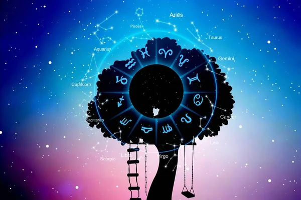 Signes Zodiaque Intérieur Cercle Horoscope Dans Ciel Arbre — Photo