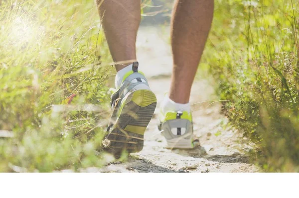 Person feet wear running shoe on to walking and running on nature green background.