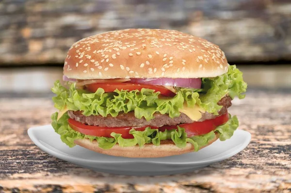 Leckerer Frischfleisch Ersatz Burger Auf Dem Schreibtisch — Stockfoto