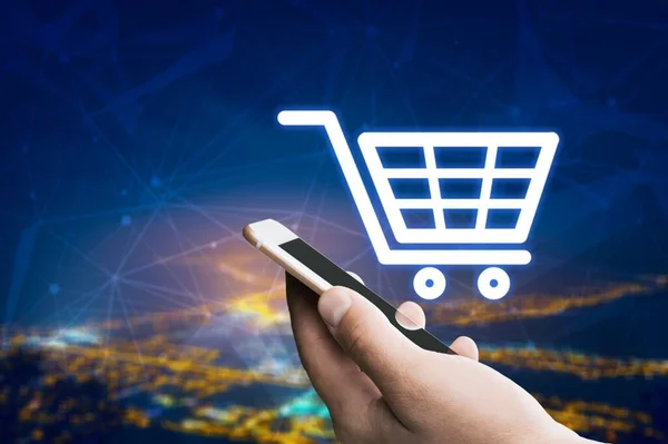 Phone Shopping Basket Hologram Online Store Application Smartphone — Stock Photo, Image