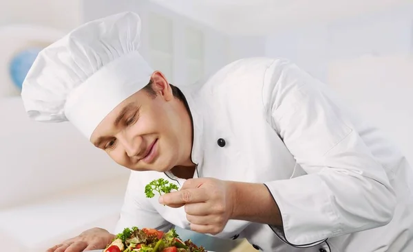 Hands Male Cook Finishing Dish Decorating Meal End — Stock Photo, Image