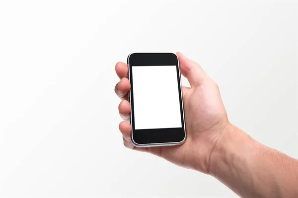 Mão Segurando Smartphone Com Tela Branco Conceito Dispositivo Telefone Móvel — Fotografia de Stock