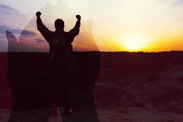 Young Human Worshiping Hands Sun Light Sky — Stock Photo, Image