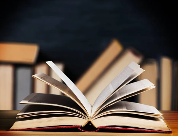 Open Book Wooden Table Library — Stock Photo, Image