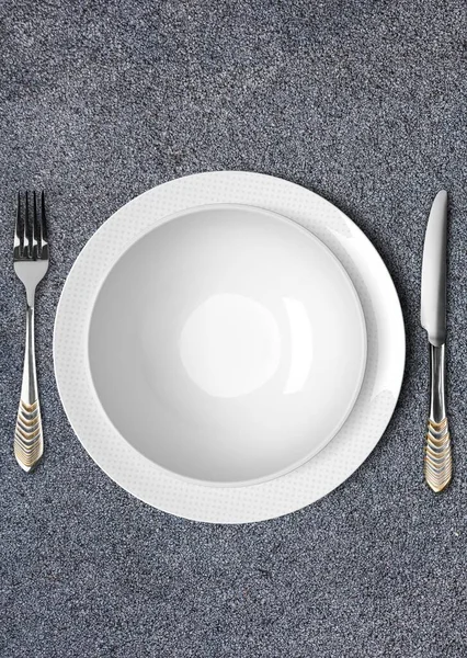 Place Setting White Ceramic Plate Knife Fork — Stock Photo, Image