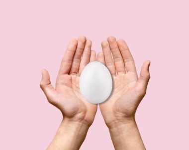 Arka plandaki uçan beyaz yumurtaya iki el dokunuyor. Yeni bir hayat yaratmak.