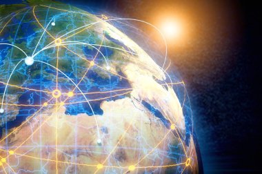 Dünya gezegeni karanlık arka planda dijital bağlantılarla kaplı..