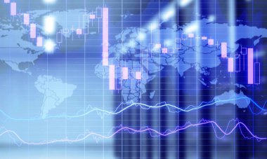Bulanık arkaplan, mali ve ticari konsept üzerine soyut yaratıcı finansal grafik ve dünya haritası.