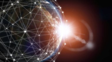 Dünya gezegeni karanlık arka planda dijital bağlantılarla kaplı..