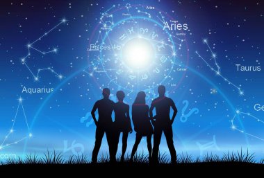 Yıldız falı çemberinin içinde astrolojik burç işaretleri var. Yıldızlara danışan insanların silüeti..