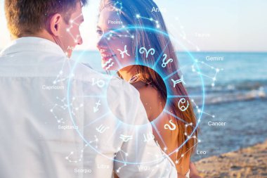 Zodyak işaretleri arasında mutlu çiftle aşk kavramı. Burç astrolojisi burç burcu.