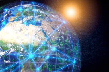 Dünya gezegeni karanlık arka planda dijital bağlantılarla kaplı..