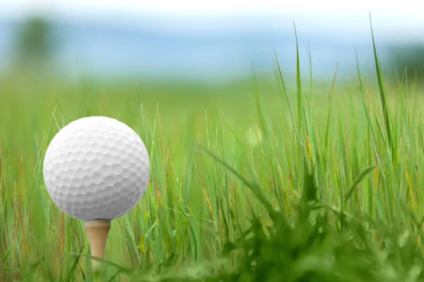 Golf Weißer Ball Ist Auf Dem Abschlag Auf Grünem Gras — Stockfoto