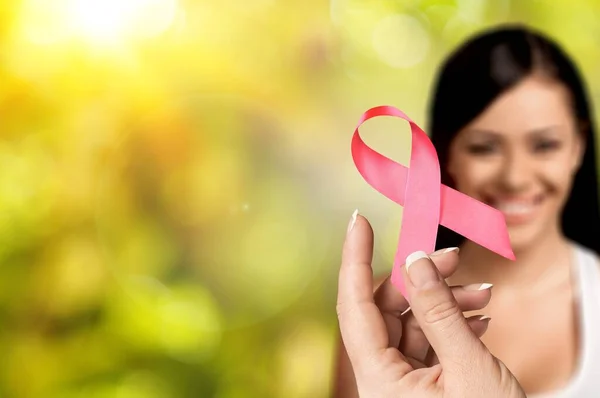 Cancer Awareness Month Woman Colored Ribbon Supporting People — Stock Photo, Image