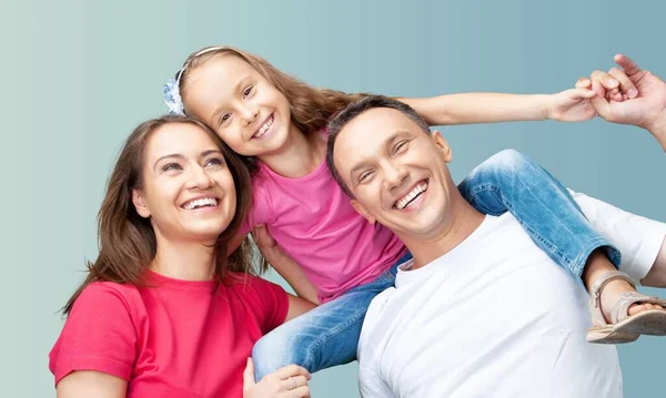 Laughing Funny Young Happy Parents Mom Dad Child Kid Blue — Stock Photo, Image