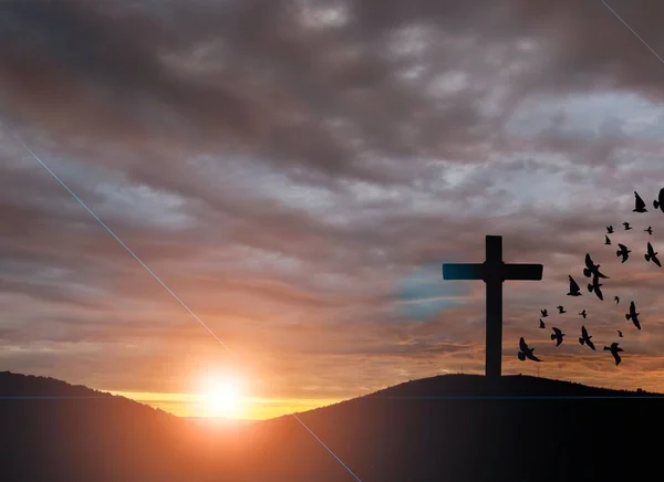 Χριστιανός Ξύλινος Σταυρός Στο Λόφο Εξωτερικούς Χώρους Ηλιοβασίλεμα Σταύρωση Του — Φωτογραφία Αρχείου