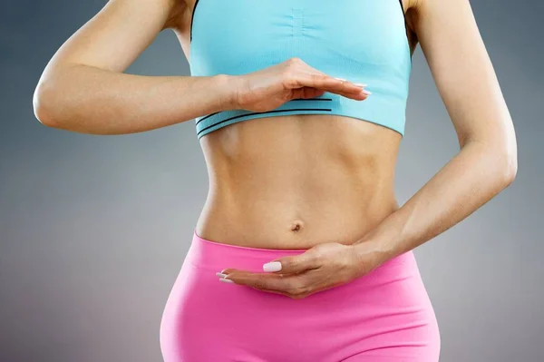 Young Beauty Woman Hold Hands Her Belly — Stock Photo, Image