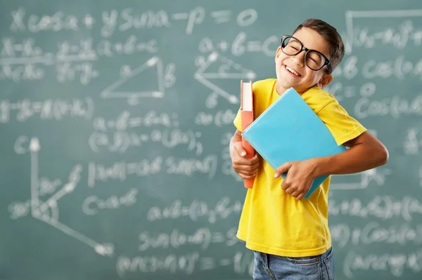 Happy Funny Cute Little Child Boy Student Uniform Holding Books — Stock Photo, Image