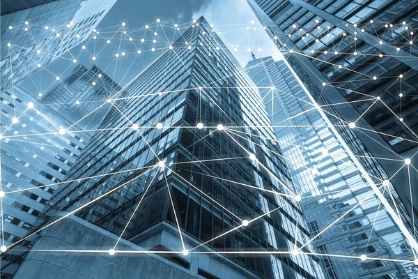 Inteligentne Cyfrowe Miasto Globalizacją Abstrakcyjna Grafika Ukazująca Sieć Połączeń — Zdjęcie stockowe