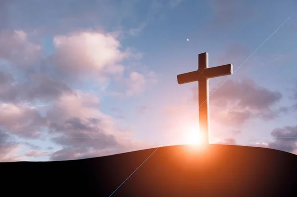 Kristna Träkors Kullen Utomhus Vid Solnedgången Korsfästelse Jesus — Stockfoto