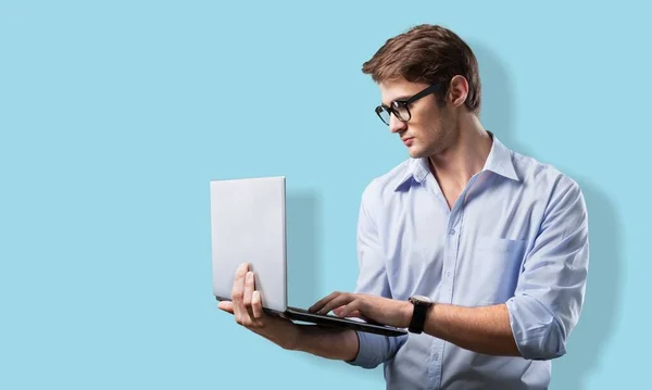 Nice Attractive Focused Guy Employee Using Laptop Computer — Stock Photo, Image