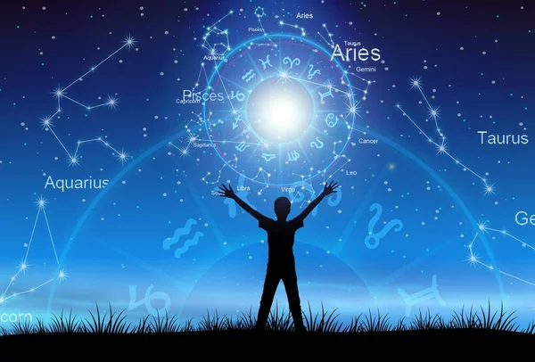 Astrologische Tierkreiszeichen Innerhalb Des Horoskopkreises Illustration Von Menschen Silhouette Beratung — Stockfoto