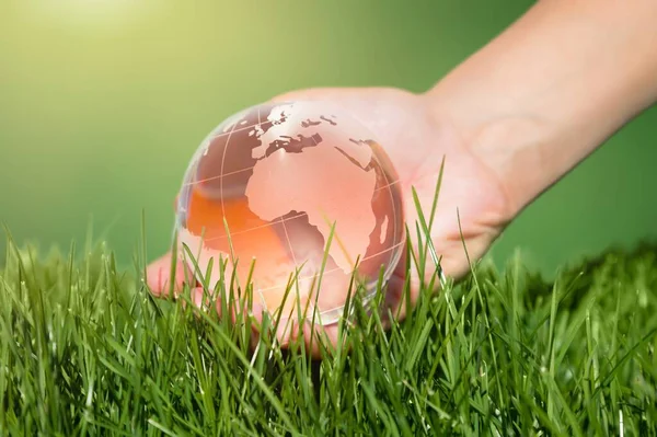 Giornata Mondiale Della Terra Globo Cristallo Erba Verde — Foto Stock