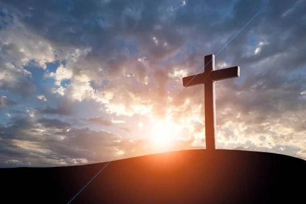 Kristna Träkors Kullen Utomhus Vid Solnedgången Korsfästelse Jesus — Stockfoto