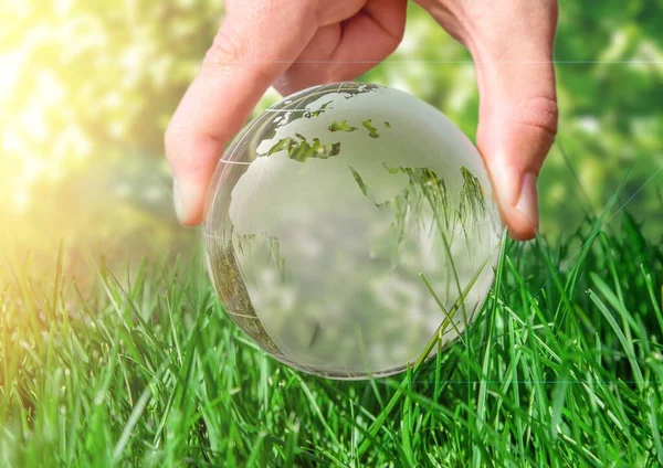 Environnement Journée Mondiale Terre Globe Cristal Dans Herbe Verte — Photo