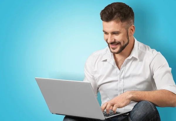 Nice Attractive Focused Guy Employee Using Laptop Computer — Stock Photo, Image