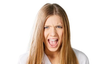 Closeup portrait of angry, pissed off, upset, mad business woman, student screaming steam going out from ears, isolated on blue, black background. Negative human face expressions, emotions, reaction