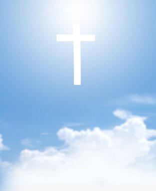 Hıristiyan haçı gökyüzünde ve bulutlarda parlak görünür..