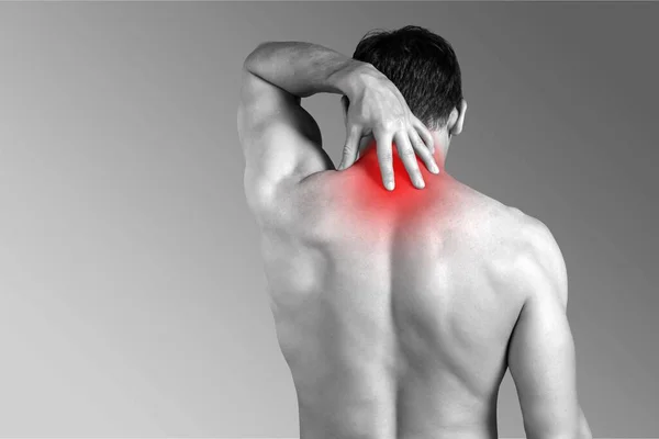 Hombre Fuerte Con Dolor Cuello Vista Trasera — Foto de Stock