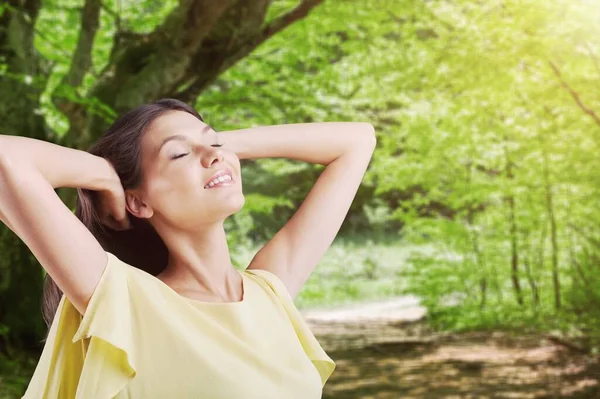 Portrait Young Woman Breathing Fresh Air Forest — Stock Photo, Image