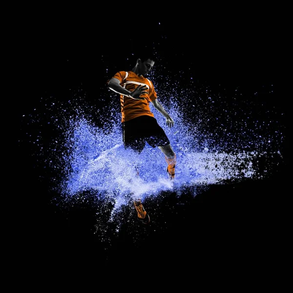 Один Молодой Спортсмен Футбольный Футболист Взрыве Цветного Порошка — стоковое фото