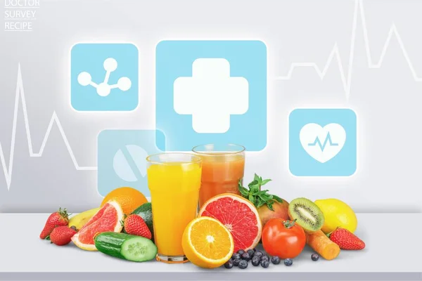 Une Saine Alimentation Fruits Légumes Jus Stéthoscope — Photo