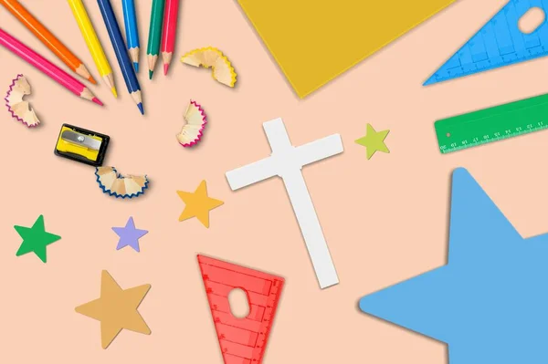 Ferienbibelschule Bastelmaterial Mit Kreuz Christliches Konzept — Stockfoto