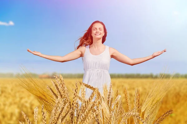 Feliz Joven Hermosa Mujer Campo Trigo — Foto de Stock