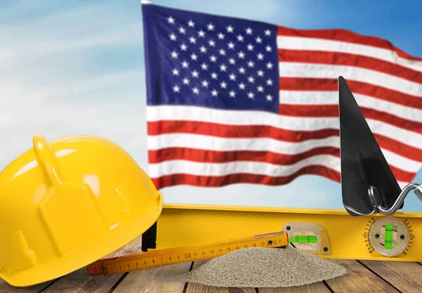 Feliz Concepto Del Día Del Trabajo Bandera Americana Con Diferentes —  Fotos de Stock