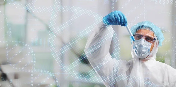 Doctor Scientist Holding Glass Tube Molecular Dna Structure — Stock Photo, Image