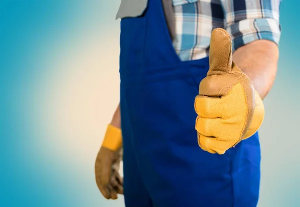 Retro Image Workman Wearing Protective Gloves Overalls Giving Thumbs Gesture — Stock Photo, Image