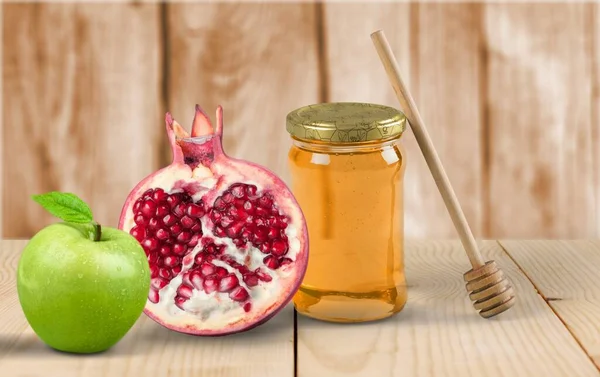 Honey Pomegranate Apples Wooden Table Rosh Hashana Holiday — Stock Photo, Image
